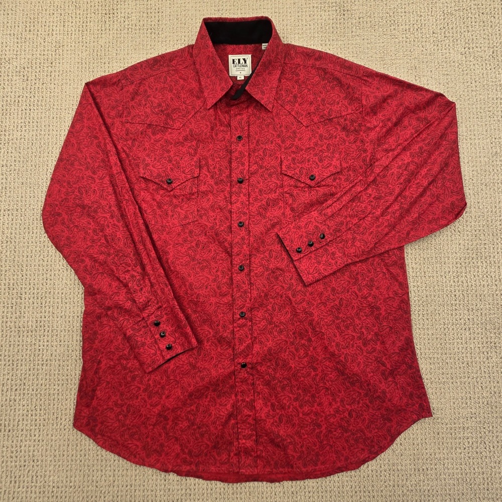 Ely Cattleman Red Paisley Western Pearl Snap Long Sleeve Shirt Mens XL - Picture 2 of 7